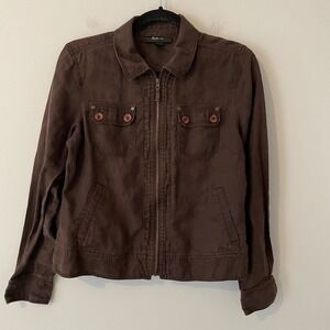 Style&Co 100% Linen Full Zip Jacket Chocolate Brown M Lagenlook Goblin Granola